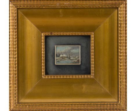 Monogrammist IeO (20. Jh.) , in Art v. Isaak von OstadeMiniatur-Winterlandschaft  mit zugefrorenem Kanal u. Schlittschuhläufe
