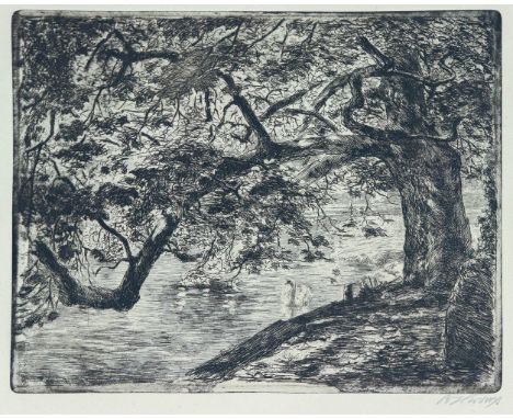 Heroux, Bruno (Leipzig 1868 -1944) Seeufer  mit tiefhängendem Baumast und Schwan. Radierung. 23×29 cm. Mit Bleistift sign. R.
