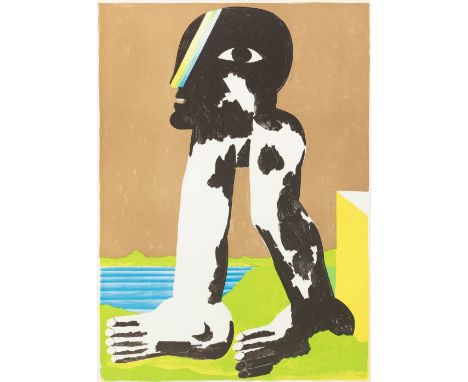 Antes, Horst  (geb. 1936 in Heppenheim) Große Figur in Landschaft  1968 Farblithographie auf BFK Rives-Bütten mit Prägestempe