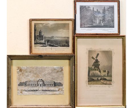 Potsdam-Berlin. Schloß "Sanssouci bey Potsdam"  Kupferstich. 14×8,5 cm. E. 18. Jh. R.  Die Windmühle bei Sanssouci.  Stahlsti