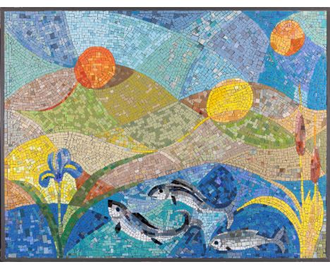 Mosaik, 1950er JahreTeichlandschaft mit Fischen, Schwertlilie und fliegenden Luftballons  Bunte Glassteine als Mosaik auf Pla