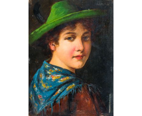 Ostersetzer, Carl (Brody, Wien 1865-1914) Dirndl mit grünem Filzhut und blau gemustertem Tuch  Sign. Holz. 16×11 cm. (Krakele