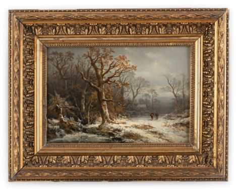 Brügner, Cölestin (Berlin 1824-1887) Spaziergänger in winterlicher Landschaft  Sign. Öl auf Malkarton. 18,3×26,2 cm. R. (5936