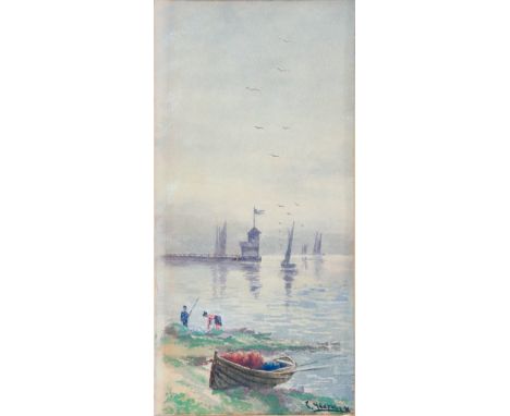 Karjoff, S. (Russland, A. 20. Jh.) Meeresküste mit Fischerpärchen und Boot  In der Ferne Holzsteg mit Hütte. Kyrillisch sign.