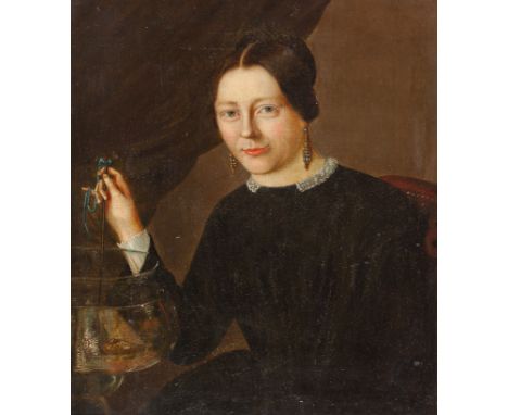 Französischer Porträtmaler (um 1850) In Schwarz gekleidete junge Dame,  einen kleinen Kescher ins Goldfischglas haltend. Vor 