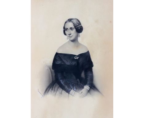 Utecht (um 1847) Hüftbildnis einer Biedermeierdame  Kohle, Weiss gehöht und leicht laviert. Sign. u. dat. 1847. Ca. 32×27 cm 