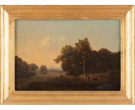 Bunke, Franz (Schwaan, Weimar 1857-1939)  Landschaft mit Bauer, einen Karren ziehend  In der Ferne Kirchdorf. Eingekratzt Sig