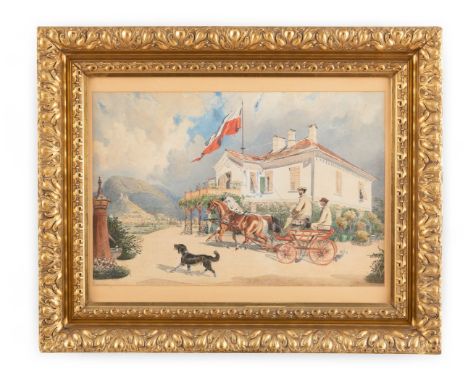 Goebel, Carl (Wien 1824-1899) Kutschfahrt vor Landsitz eines Malteserritters bei Cilli   Sign. u. dat. 1861. Aquarell auf Kar
