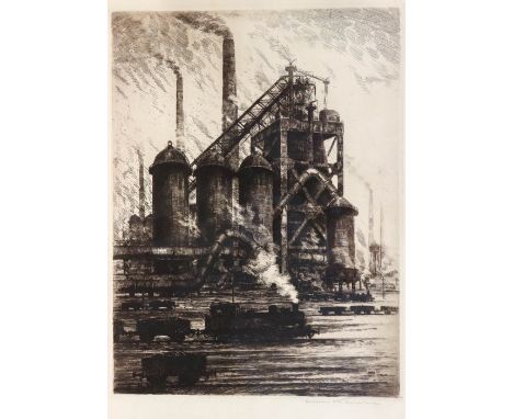 Klemke, Hans (Berlin 1892-1960) Hochöfen und Schlote eines Stahlwerks  Im Vordergrund Güterwagen und Dampflokomotiven. Radier