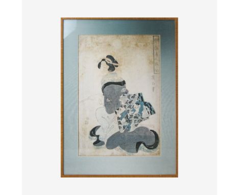 Eizan, Kikugawa (1787–1867) Hockende Frau  in mit Drachen und Wellen dekoriertem Gewand. Bez.: Eizan hitsu. Verlag: Shimizu-y