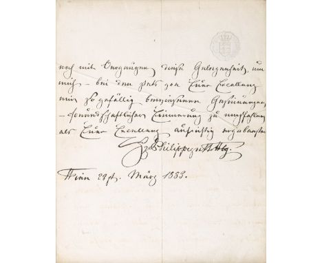 Herzog Philipp von Württemberg (Neuilly-sur-Seine, Stuttgart 1838-1917) Eigenhändiges Schreiben mit silbernem Prägewappen  Wi