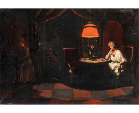 Weise, Karl (Berlin 1890-1947) Teestunde  Dame am Teetisch sitzend, von Lampe beleuchtet, der Freundin am Klavier lauschend. 