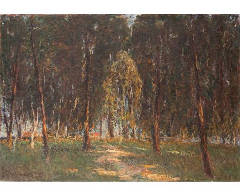 Schinkel, Theodor (geb. 1871 Groß-Strehlitz, später Berlin) Märkischer Wald mit Durchblick auf Häuser  Sign. u. dat. (19)06. 