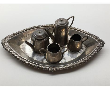 Vintage Miniature 4 Piece Silver Tea Service  on Tray  london silver hallmarks good uncleaned condition 