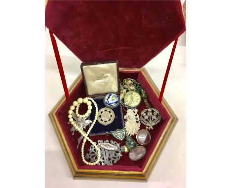 Box of Vintage Jewellery includes silver Buckle fob watch brooches beads etc 