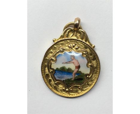 1930s 9ct Gold & Enamel Swimming Fob Medal total weight 4.8g