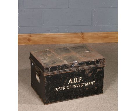 20th Century tin trunk, marked to the front A.O.F. District Investment, 59cm high and 36cm wide&nbsp;