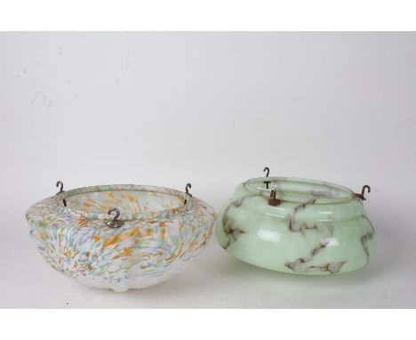 Two Art Deco style mottled glass light shades, the first in green, the second with orange, green and blue on a white ground (