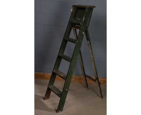 Green painted wooden folding step ladder, approx. 156cm high