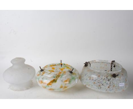 Three various Art Deco mottled glass light shades, two of circular form, the other with a frilled rim (3)