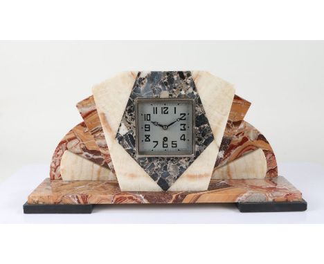 Art Deco French marble mantel clock, having silvered dial with arabic numerals, 51.5cm wide