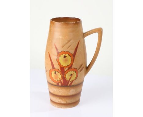 Art Deco Delwood pottery vase, with brightly coloured flowers on a light brown ground, with carrying handle, 32cm high
