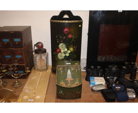 A painted and decorated stick stand together with a candle box 