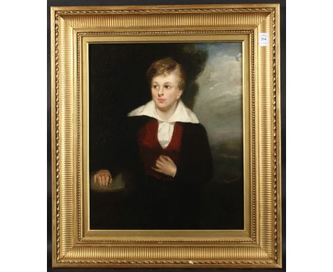 JOHN MADDISON. A portrait, three-quarter length, of a young boy in a landscape, oil on canvas. 18" x 24" (46 x 61cms), in a g