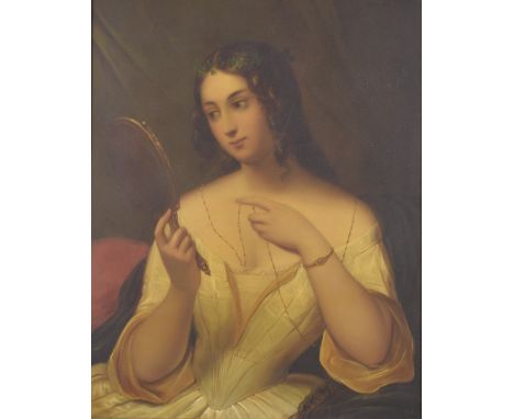 EARLY VICTORIAN SCHOOL. Portrait half length of a young lady holding a hand mirror. Metal panel 16.5" x 13" (42 x 33cms), in 