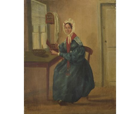 EARLY 19TH CENTURY DUTCH SCHOOL portrait of a woman with a sewing box seated at a window, oil on panel, 13.5" x 11", (34.5cm 