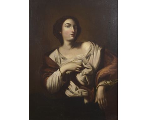19TH CENTURY PROBABLY ITALIAN SCHOOL Portrait of a woman in robes, oil on canvas, in ornate giltwood frame, 41" x 30.5" (104c