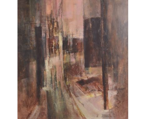 SUSAN SHERIDAN (b.1939 AUSTRALIAN) 'City Consumed', abstracted cityscape, oil on board, gallery label verso, signed and dated