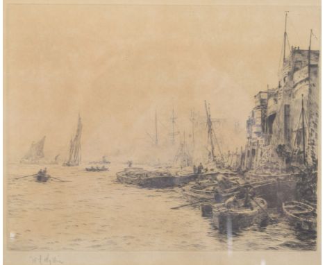 WILLIAM LIONEL WYLLIE (1851-1931) tug boats moored on an embankment, drypoint etching, signed in pencil, 8" x 10" (20cm x 25c