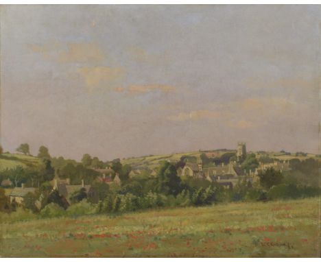W K HUDSON (EARLY 20TH CENTURY BRITISH) Downland landscape with poppy field and village church beyond, oil on panel, signed a