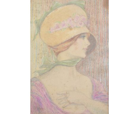 EARLY 20TH CENTURY FRENCH SCHOOL Portrait of a lady wearing a bonnet and green neck scarf, coloured pastel on board, indistin