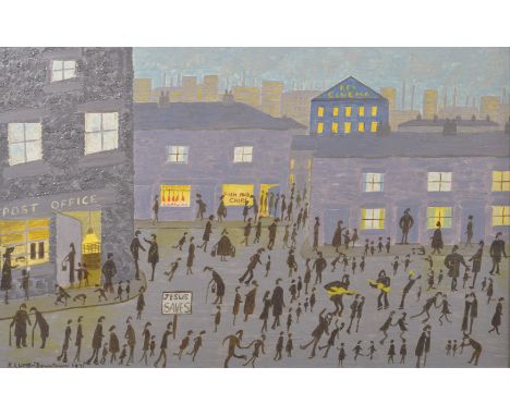 R LUMB AFTER LS LOWRY 'Downtown' busy street scene with distant mill chimneys, oil on board, signed and inscribed label verso