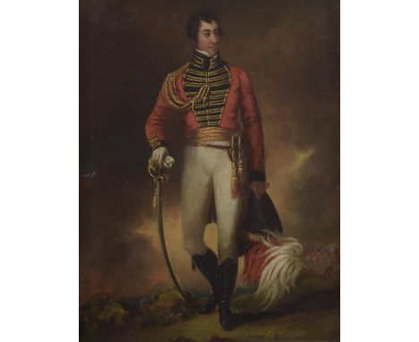 EARLY 19TH CENTURY BRITISH SCHOOL Portrait of a British Army officer in uniform, standing and holding plumed headdress and sw