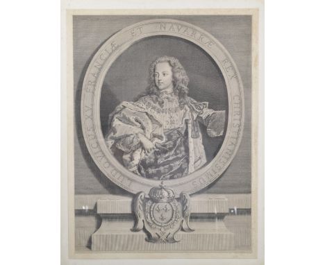 PETER DREVET (1663-1738) AFTER HYACINTH RIGAUD Portrait of Ludovicus XV, copper engraving in carved parcel gilt frame 18.75" 
