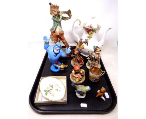 A tray containing assorted ceramics including West German Goebel figures, a Royal Albert Old Country Roses coffee pot, Disney
