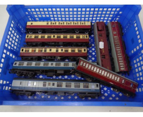 A crate containing eight 00 gauge coaches by Mainline, Lima, Hornby etc.