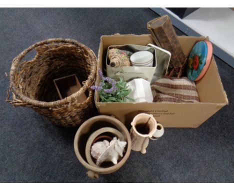 A wicker twin-handled basket (AF) together with a box containing pottery planters, shells, shell table lamp, vases etc.