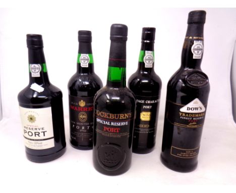 Five bottles of port including Dow's Trademark Finest Reserve Port (1 Litre), The Wine Society Vintage Character Port (0.75 L