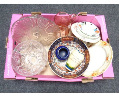 A box containing assorted ceramics and glassware including Devon ware vase, Japanese bowl, glass comport, jug, tea plates etc