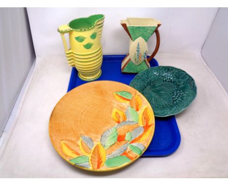A tray containing ceramics including a Myott &amp; Son hand painted Art Deco jug together with a further Burleyware Art Deco 