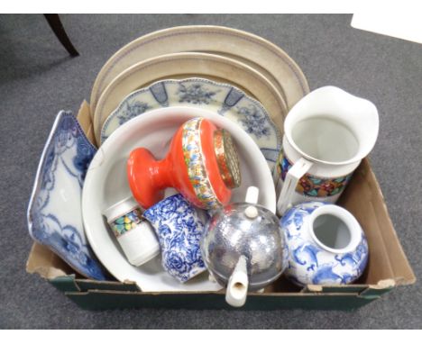 A box containing antique and later ceramics including a three piece wash set, 19th century meat plates, blue and white vase a