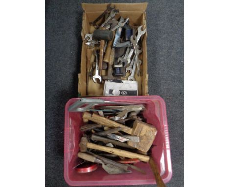 A box and a crate containing a large quantity of vintage hand tools.