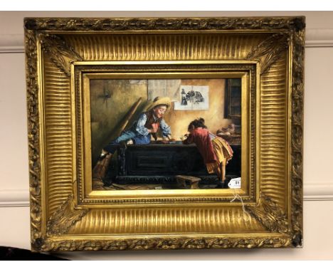 A continental over painted print on panel : Children playing cards, 39 cm x 29 cm 