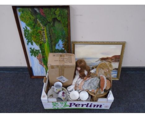 A box containing porcelain headed dolls, Lady Beth hunting pattern tea china, Waterside floral china mugs together with two o