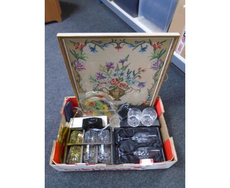 A box containing framed tapestry, boxed crystal glassware including a pair of Edinburgh Crystal whisky tumblers, glass cake s