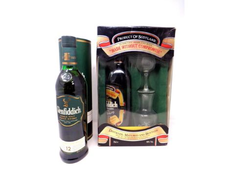 Two bottles of Glenfiddich Whisky including Special Reserve (0.7 Litres) with glass and carafe (boxed) and Single Malt Scotch